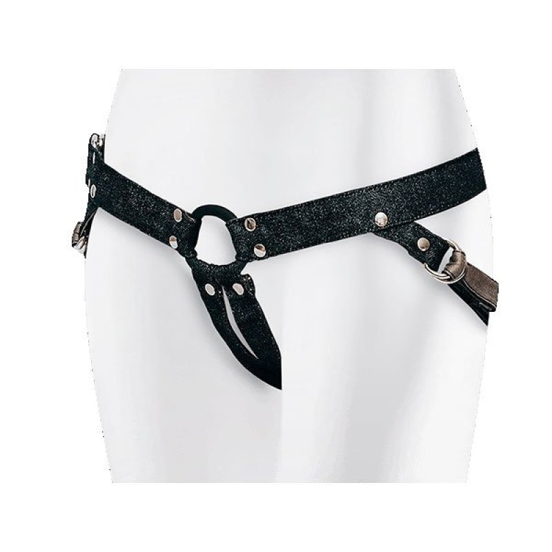 Verstellbares Denim Strap-On Geschirr mit 4,5 cm Silikonring von Adrien Lastic in Schwarz.