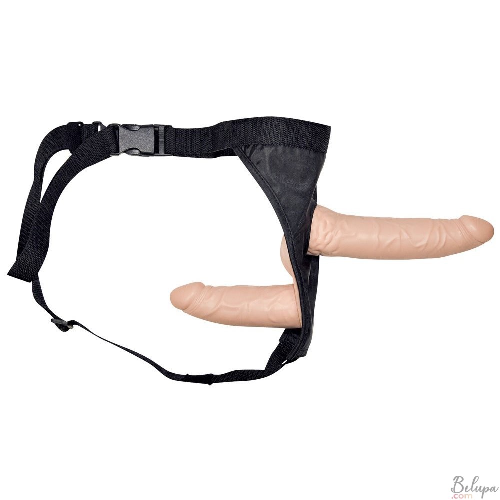 Double Strap-On with Adjustable Harness, Internal Dildo 13 x 3.7 cm and External Dildo 19 x 4.6 cm DOUBLE Light Skin