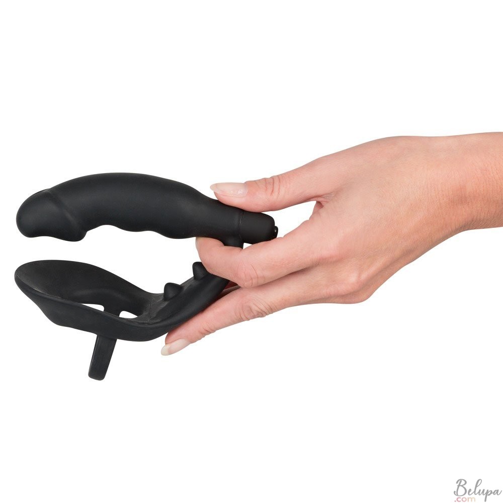 Cockring with Testicle Attachment and Vibrating Anal Plug in Silicone Black Velvets 10.3 x 3.3 cm Black