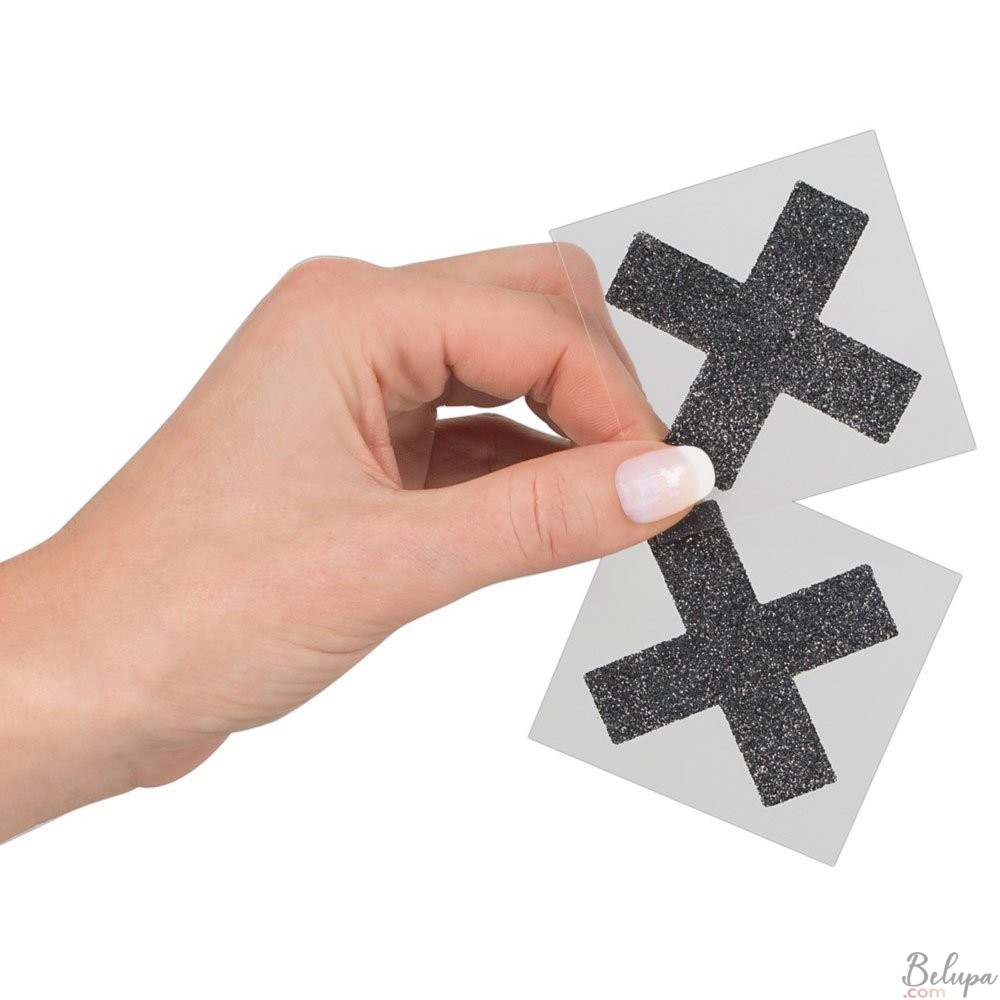 Adhesive Nipple Covers with Glitter in Black X Shape