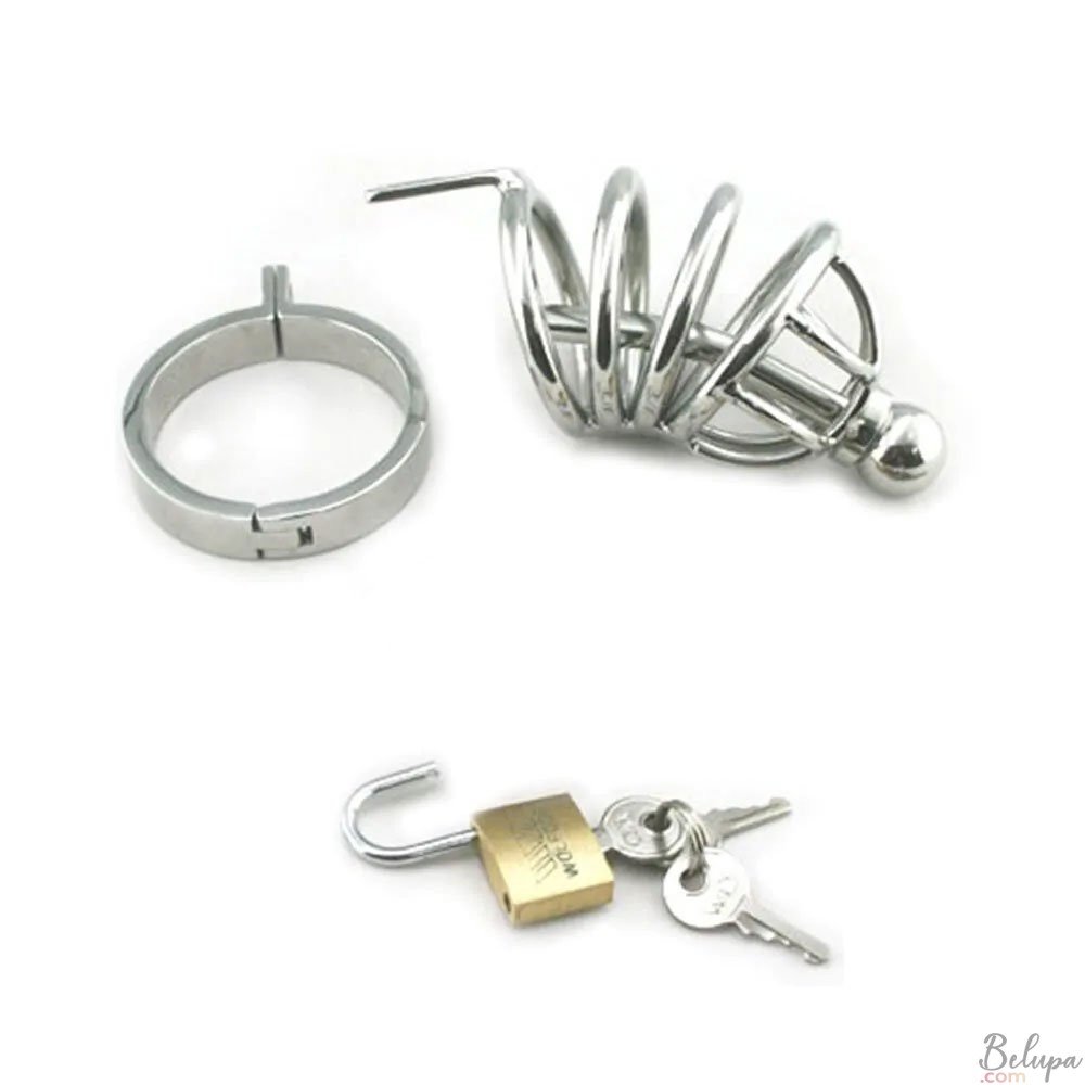 Chastity Belt for Penis with Cage and Urethral Sound in Stainless Steel Black Label Silver