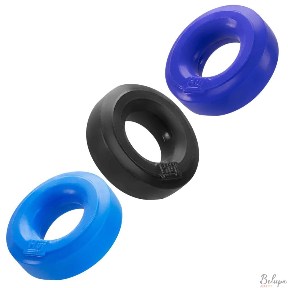Set of 3 Cockrings in Plus+Silicone Hünkyjunk Black, Blue, and Light Blue.