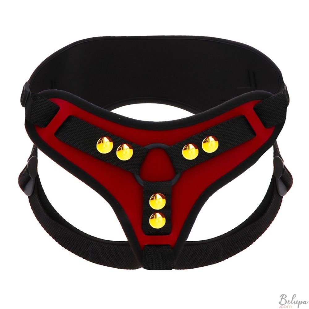 Adjustable Vegan Leather Strap-On Harness with High Back Band and 2 Interchangeable Rings DELUXE Red