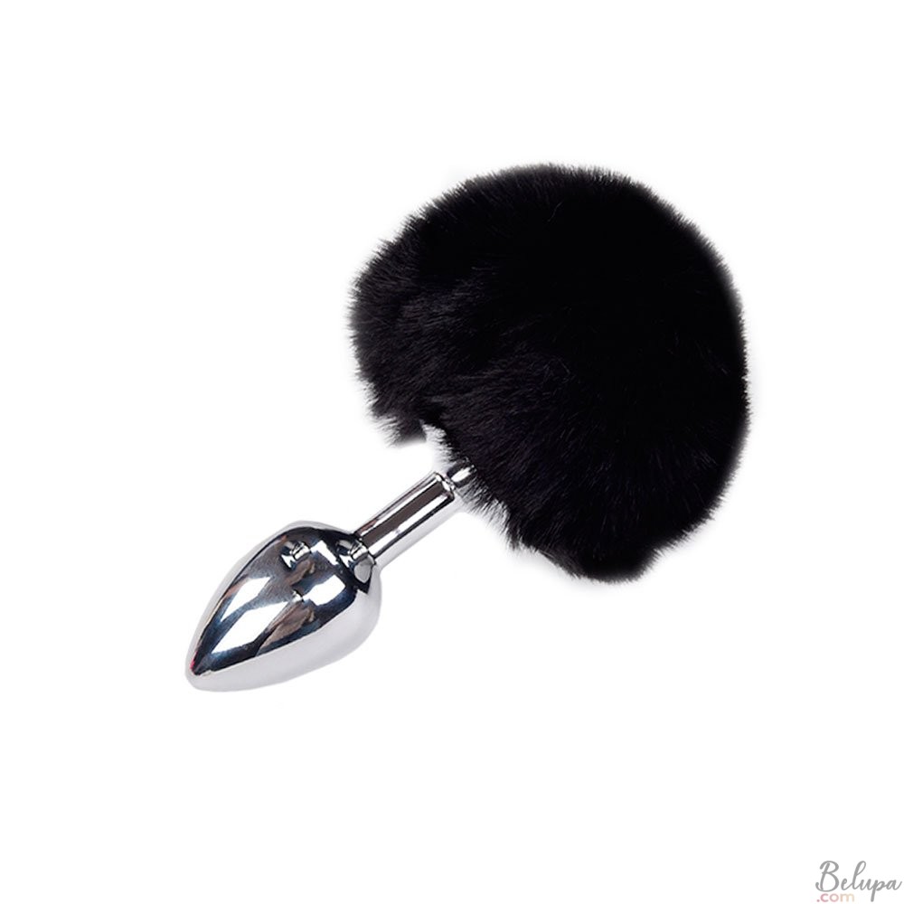 Metal Anal Plug with Black Fluffy Pompon FLUFFY S 7 x 3.2 cm Silver
