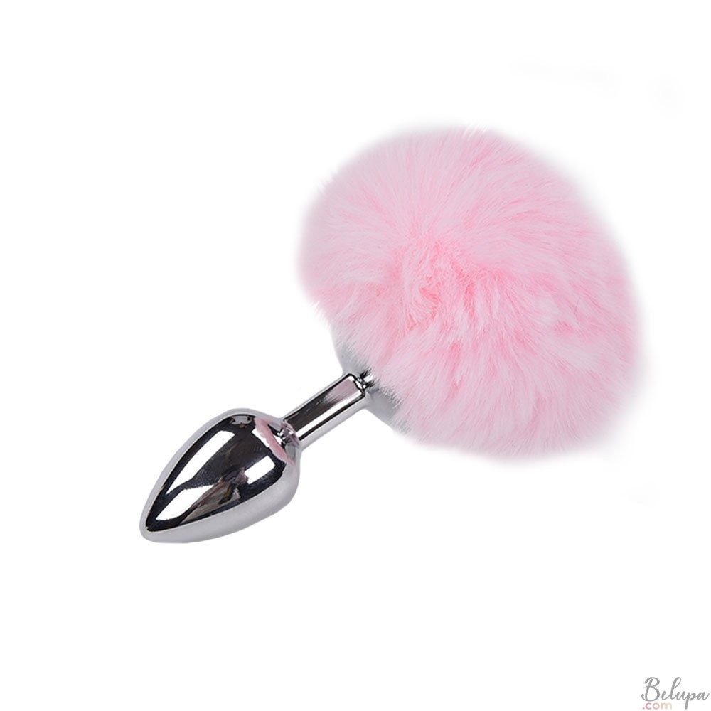 Metal Anal Plug with Pink Fluffy Pompon FLUFFY S 7 x 3.2 cm Silver