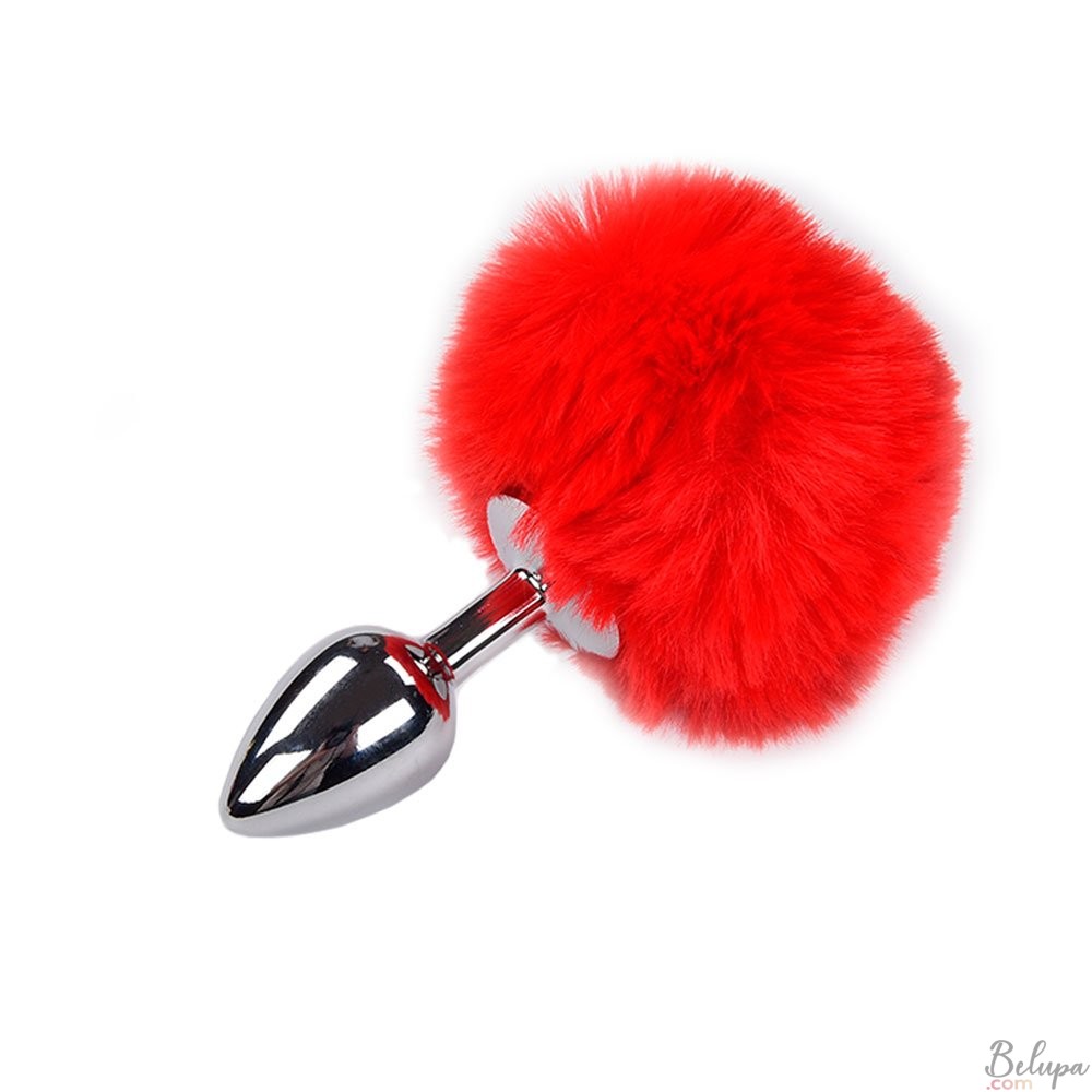 Metal Anal Plug with Red Fluffy Pompon FLUFFY S 7 x 3.2 cm Silver