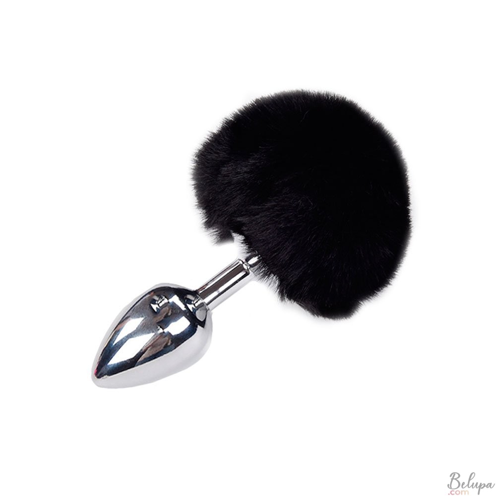 Metal Anal Plug with Black Fluffy Pompon FLUFFY M 8 x 3.5 cm Silver