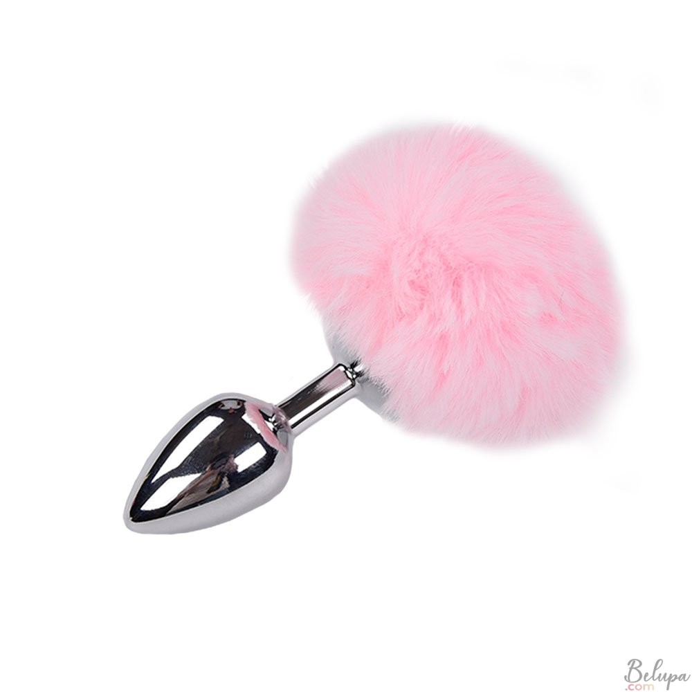 Metal Anal Plug with Pink Fluffy Pompon FLUFFY M 8 x 3.5 cm Silver