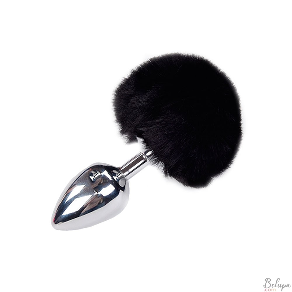 Metal Anal Plug with Black Fluffy Pompon FLUFFY L 9 x 4.1 cm Silver