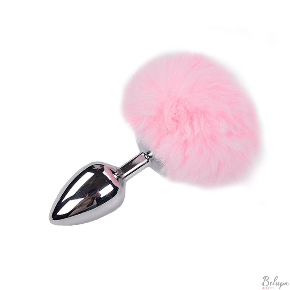 Metal Anal Plug with Pink Fluffy Pompon FLUFFY L 9 x 4.1 cm Silver