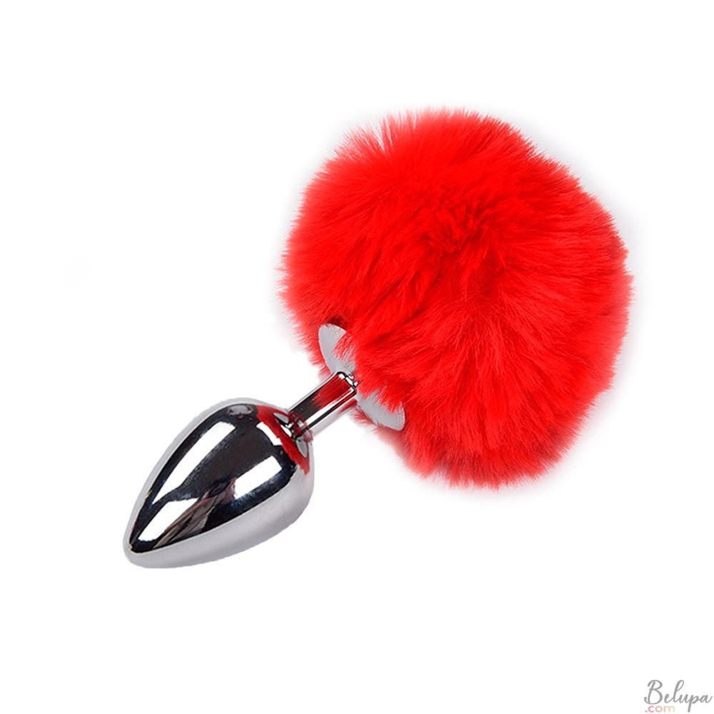 Metal Anal Plug with Red Fluffy Pompon FLUFFY L 9 x 4.1 cm Silver