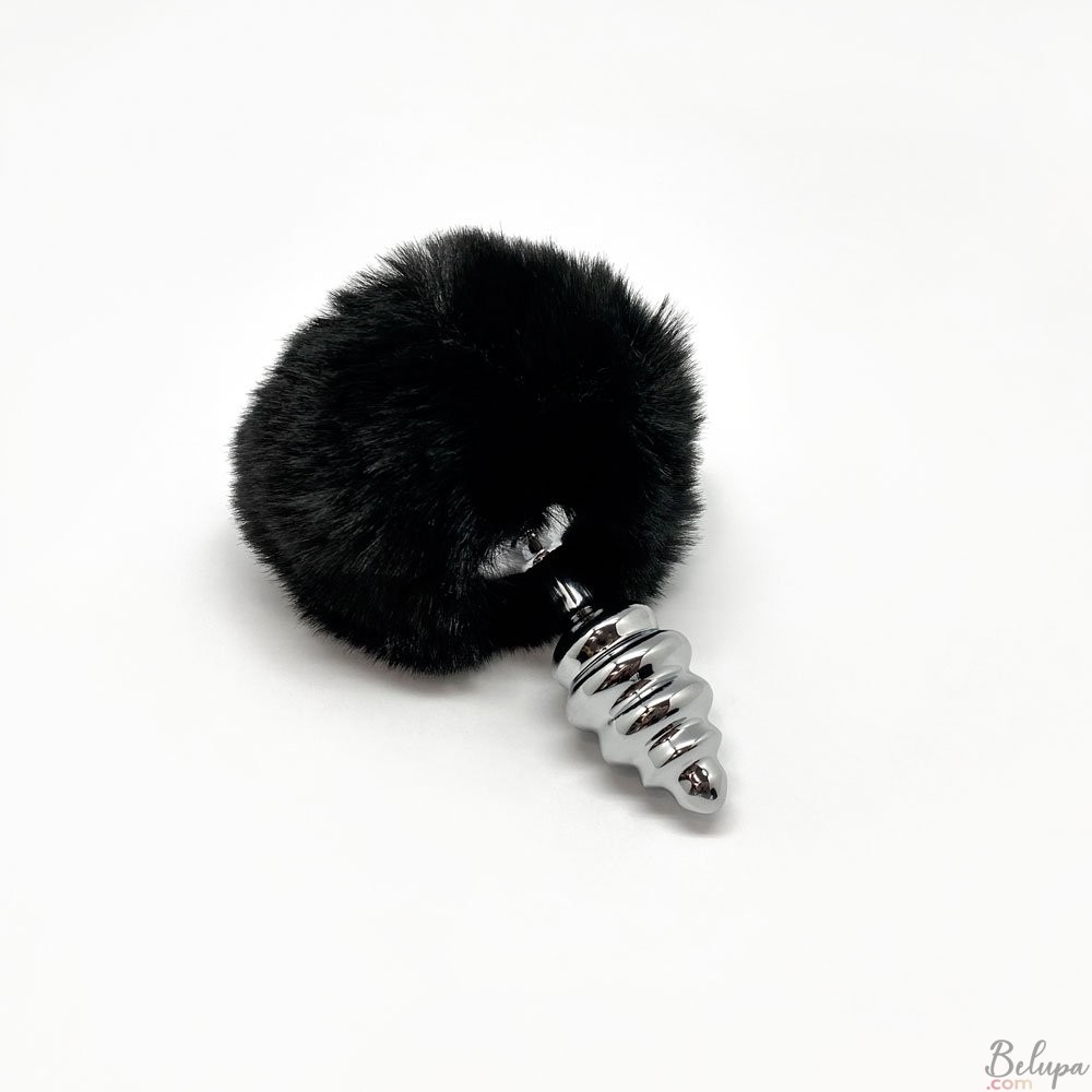 Metal Anal Plug with Black Pompon FLUFFY TWIST S 7 x 2.8 cm Silver