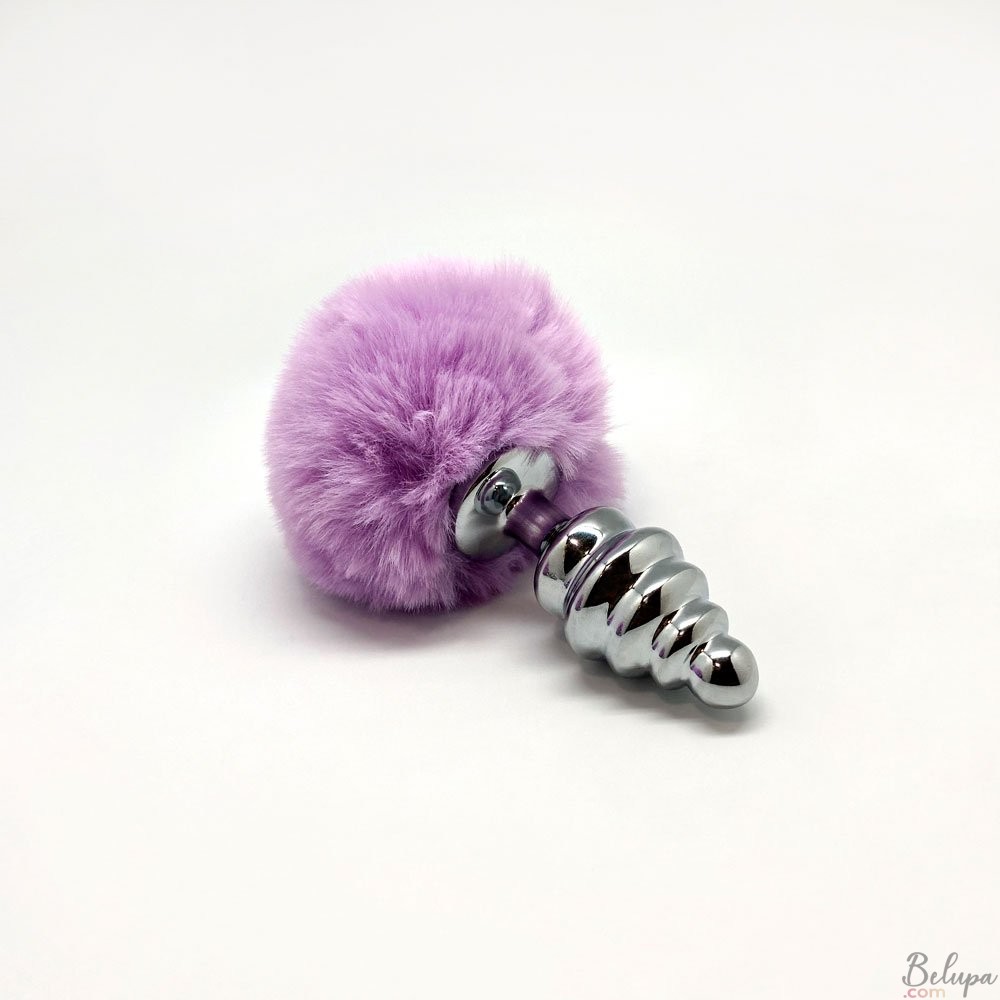 Metal Anal Plug with Pink Pompon FLUFFY TWIST M 8 x 3.4 cm Silver