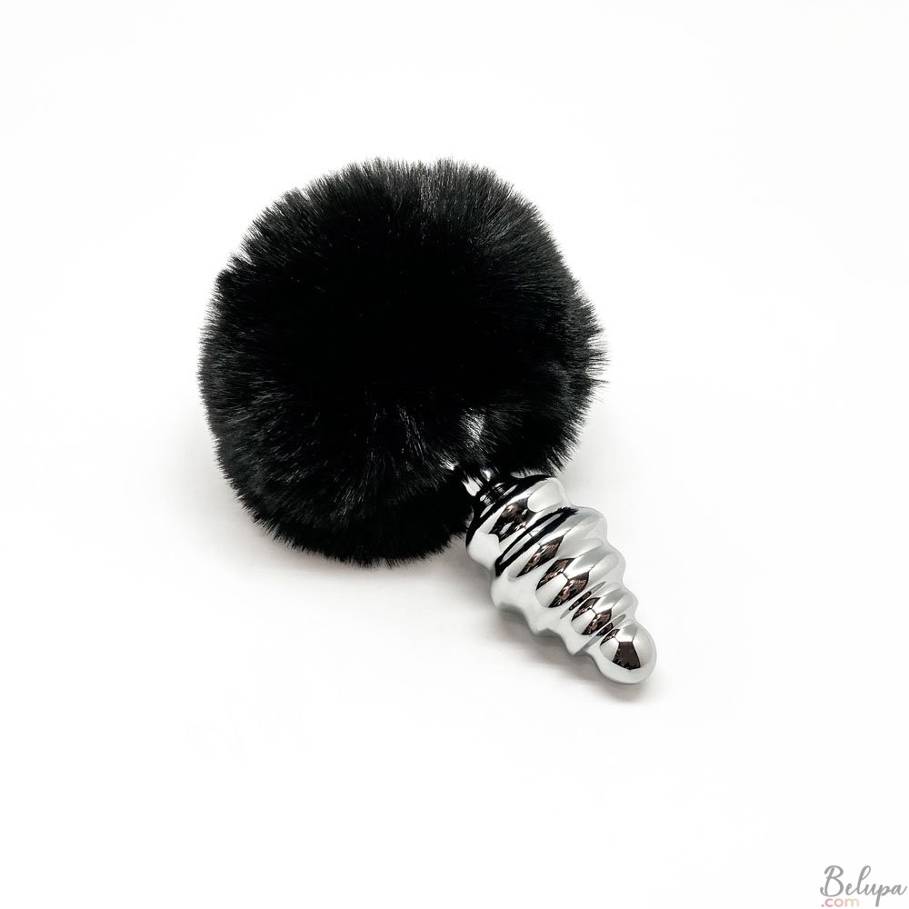 Metal Anal Plug with Black Pompon FLUFFY TWIST M 8 x 3.4 cm Silver