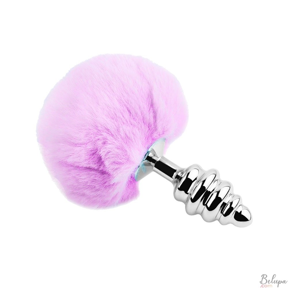 Metal Anal Plug with Pink Pompon FLUFFY TWIST L 9 x 4 cm Silver