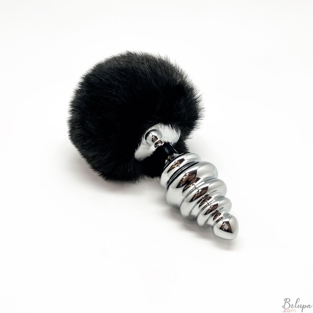 Metal Anal Plug with Black Pompon FLUFFY TWIST L 9 x 4 cm Silver