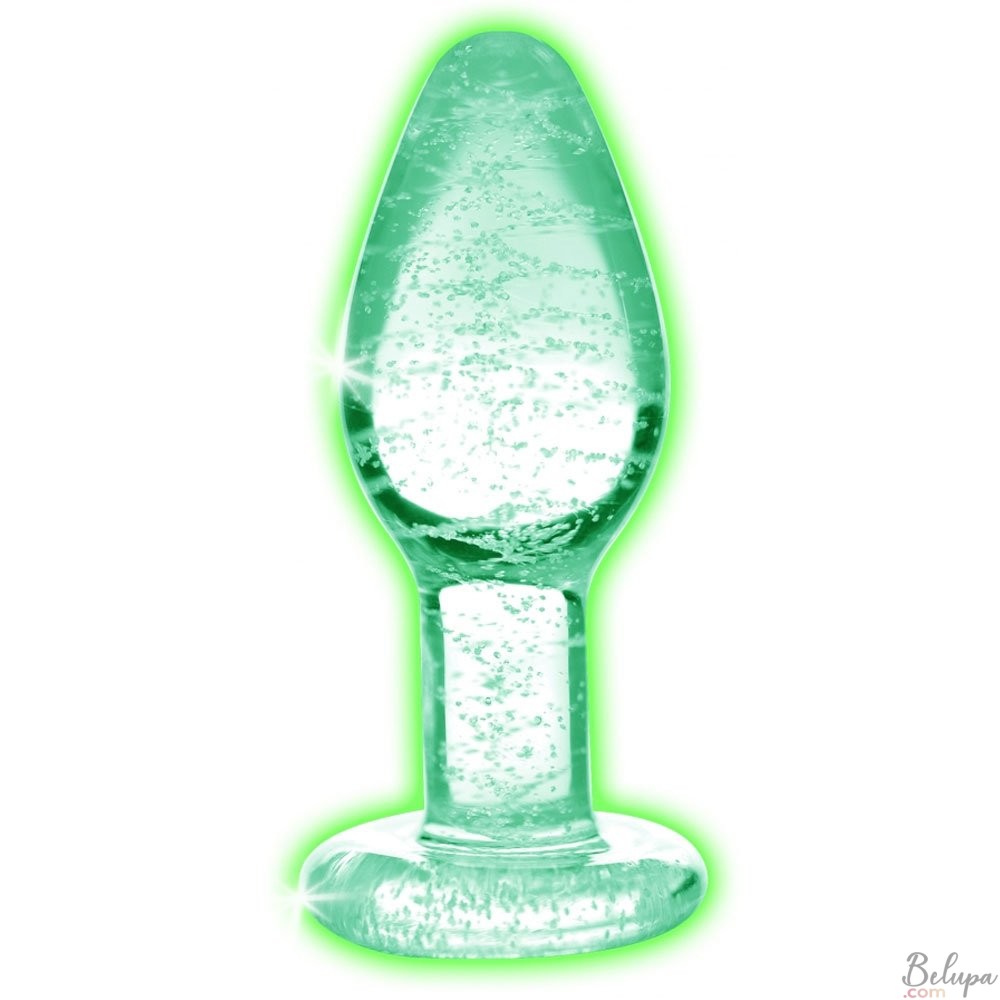 Glass Anal Plug GLOW S Booty Sparks 8 x 2.8 cm Transparent with Fluorescent Glitter