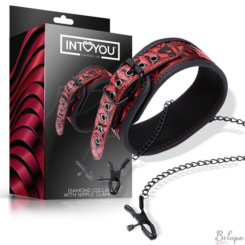 Vegan Leather Collar with Adjustable Nipple Clamps Diamond Line Red