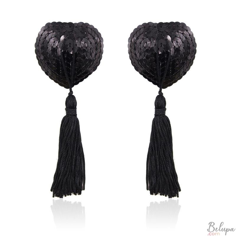 Nipple Covers Adhesive with Sequins and Tassels LateToBed BDSM Line Black