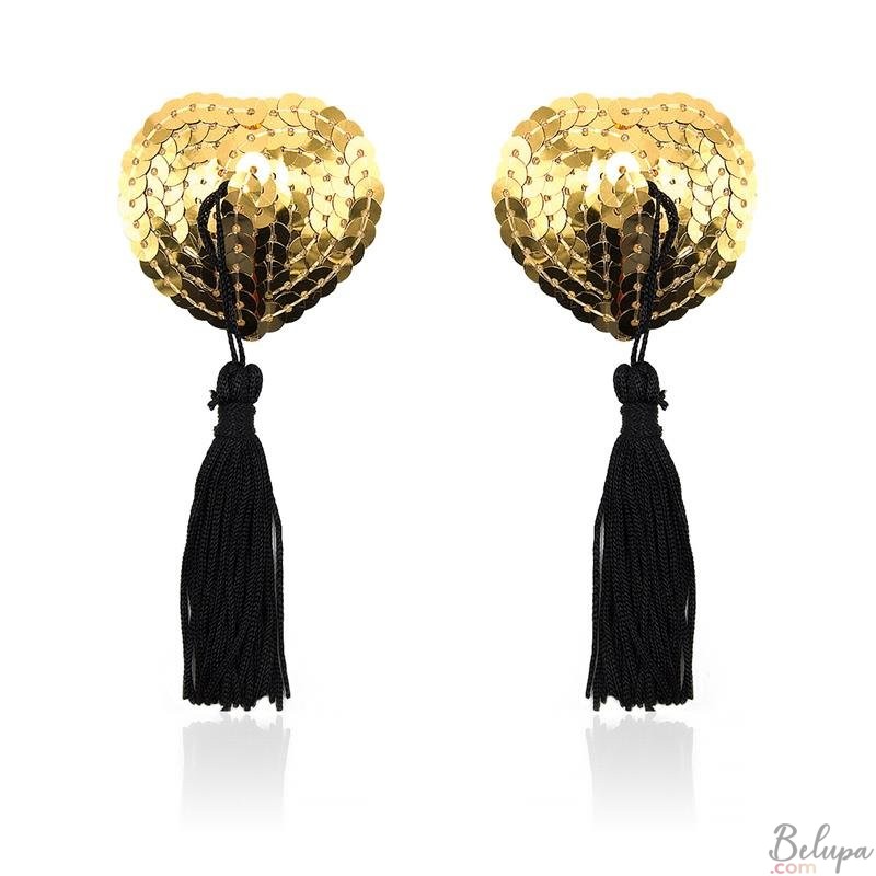 Nipple Covers Adhesive with Sequins and Tassels LateToBed BDSM Line Gold and Black