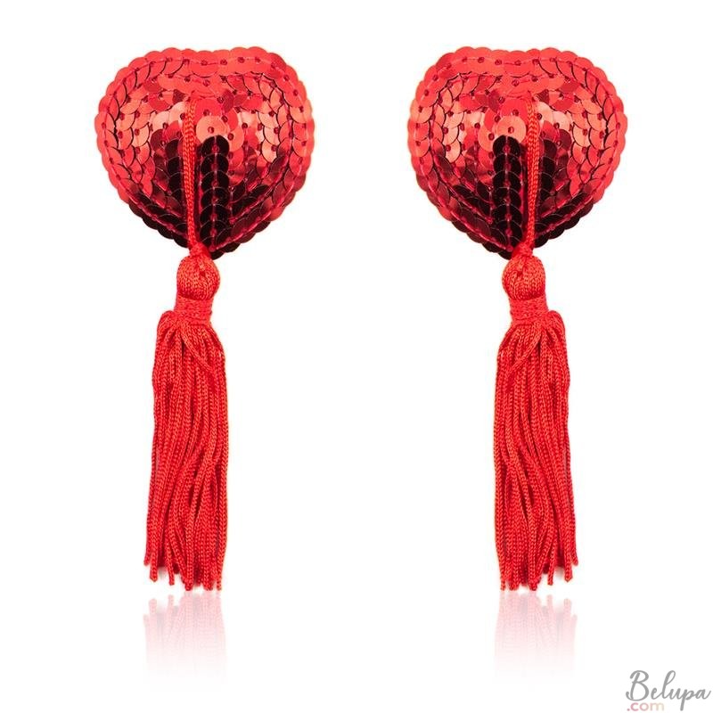Nipple Covers Adhesive with Sequins and Tassels LateToBed BDSM Line Red
