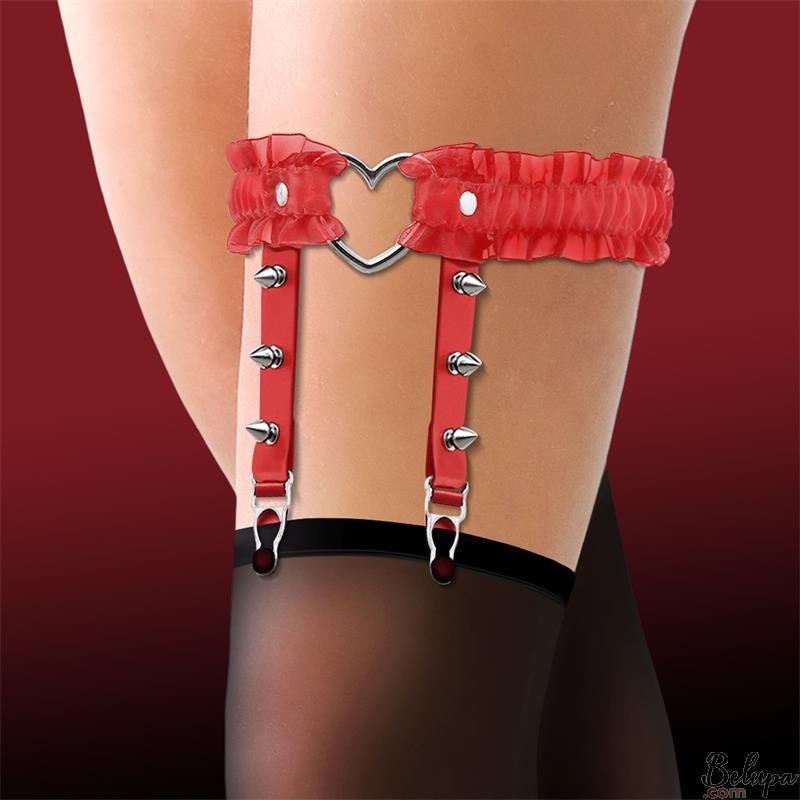 Vegan Leather Garter with Heart Ring and Metal Studs Cinderella Red One Size