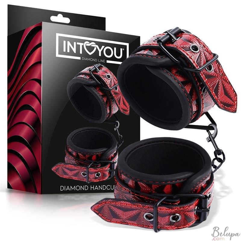 Adjustable Vegan Leather Handcuffs Diamond Line Red
