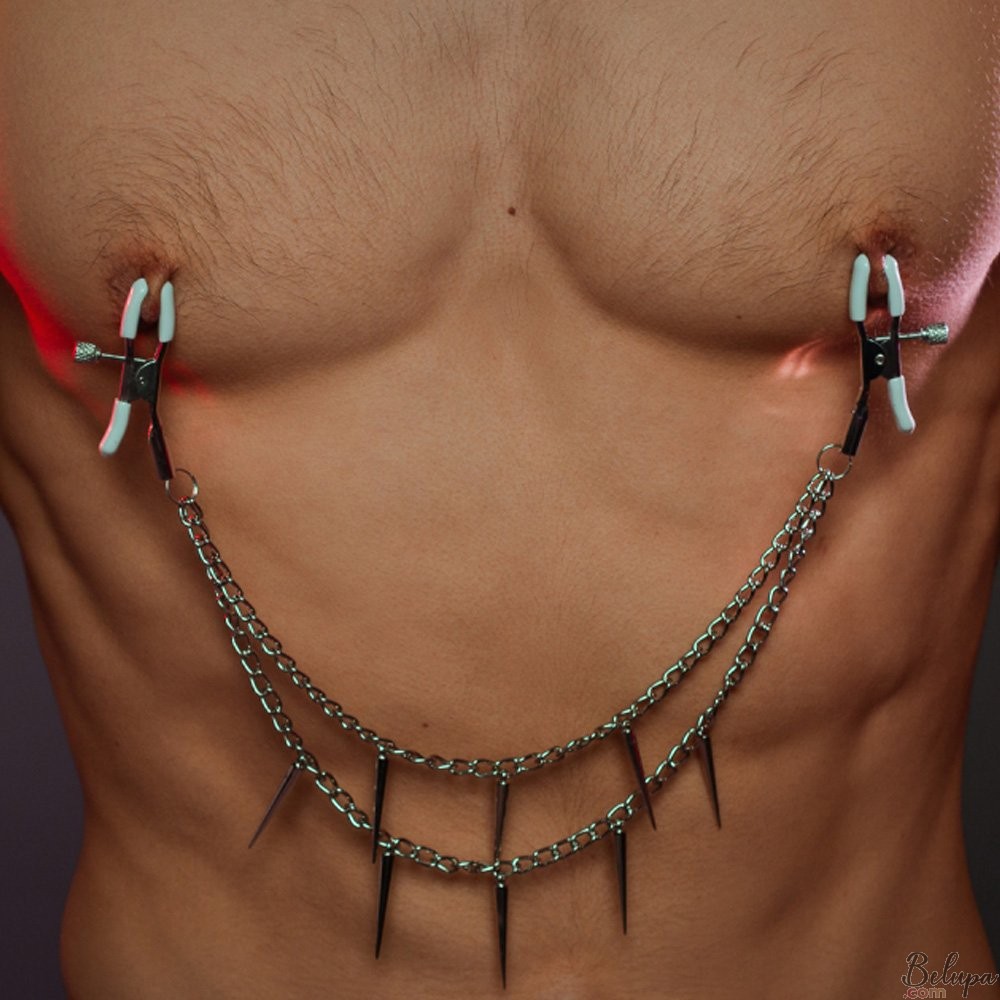 Adjustable Nipple Clamps with Metal Chain and Studs SPIKY Silver