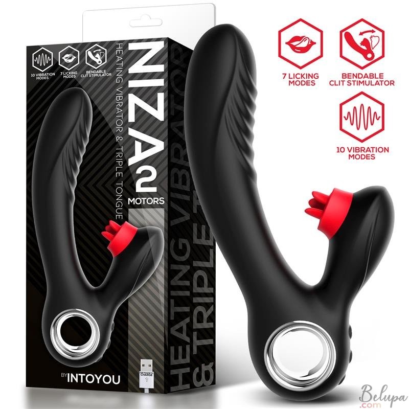 Rabbit Vibrator in Silicone with Clitoral Licker and Heating NIZA 18.5 x 3.5 cm Black Rechargeable