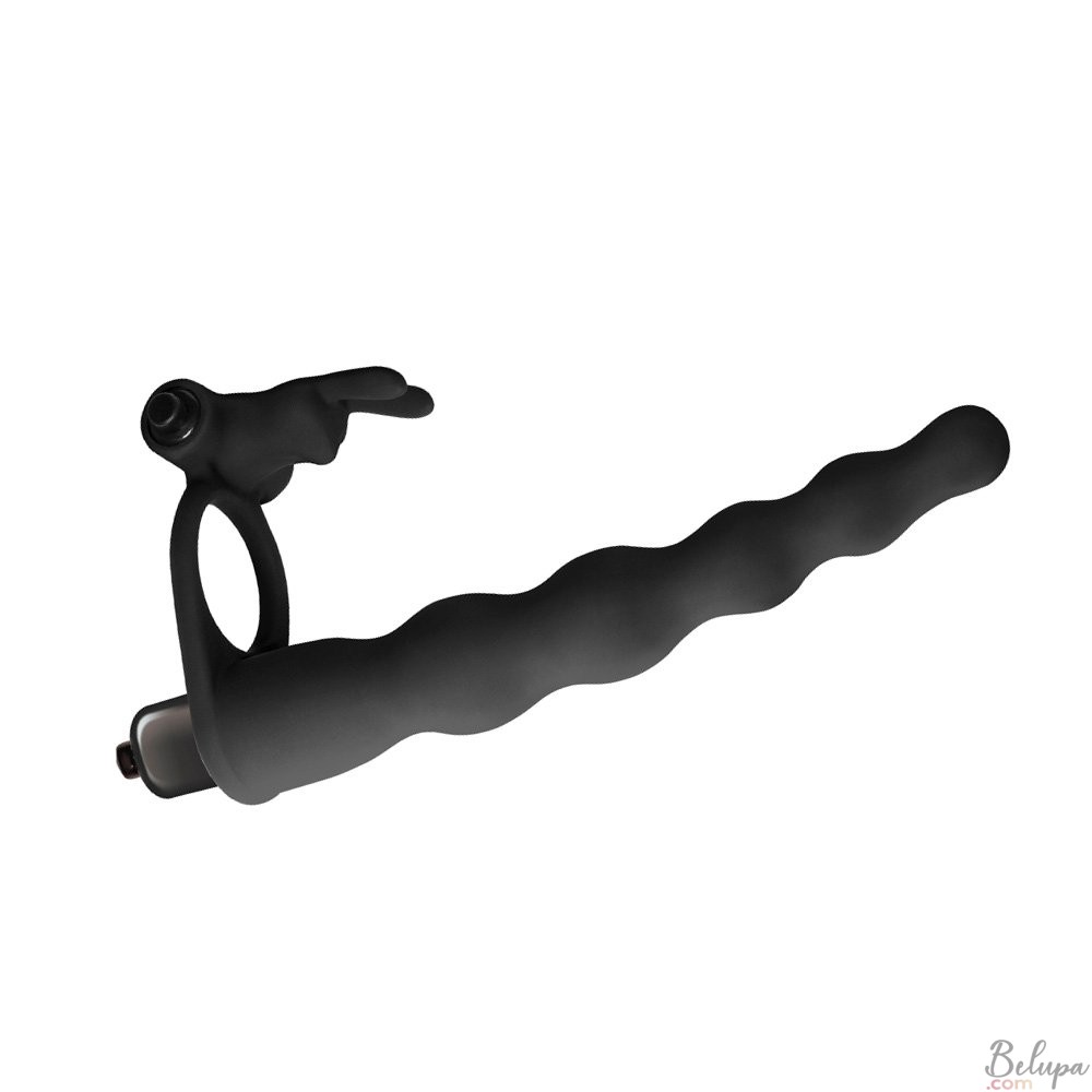 Vibrating Strap-on for Double Penetration in Silicone NAUGHTY BUNNY 17 x 2.7 cm Black