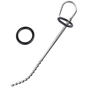 Stainless Steel Urethral Sound and Silicone Cockring Black Label 25 x 0.8 cm Silver
