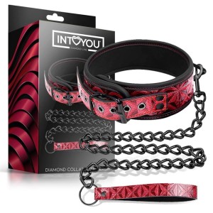 Vegan Leather Collar with Leash Diamond Line Red 