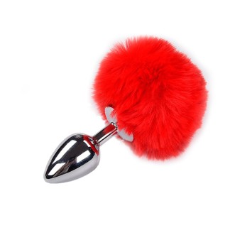 Metal Anal Plug with Red Fluffy Pompon FLUFFY M 8 x 3.5 cm Silver