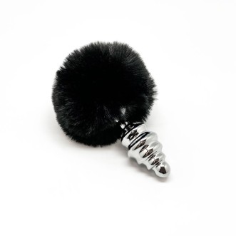 Metal Anal Plug with Black Pompon FLUFFY TWIST M 8 x 3.4 cm Silver