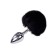 Metal Anal Plug with Black Fluffy Pompon FLUFFY M 8 x 3.5 cm Silver