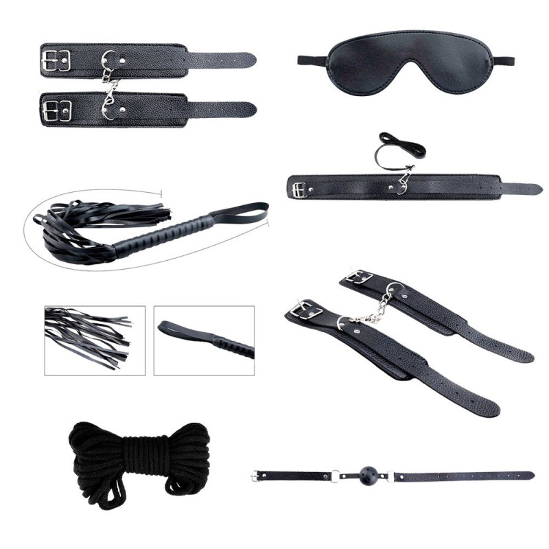 Kit de Bondage SECRET DESIRES de 8 piezas en color negro.