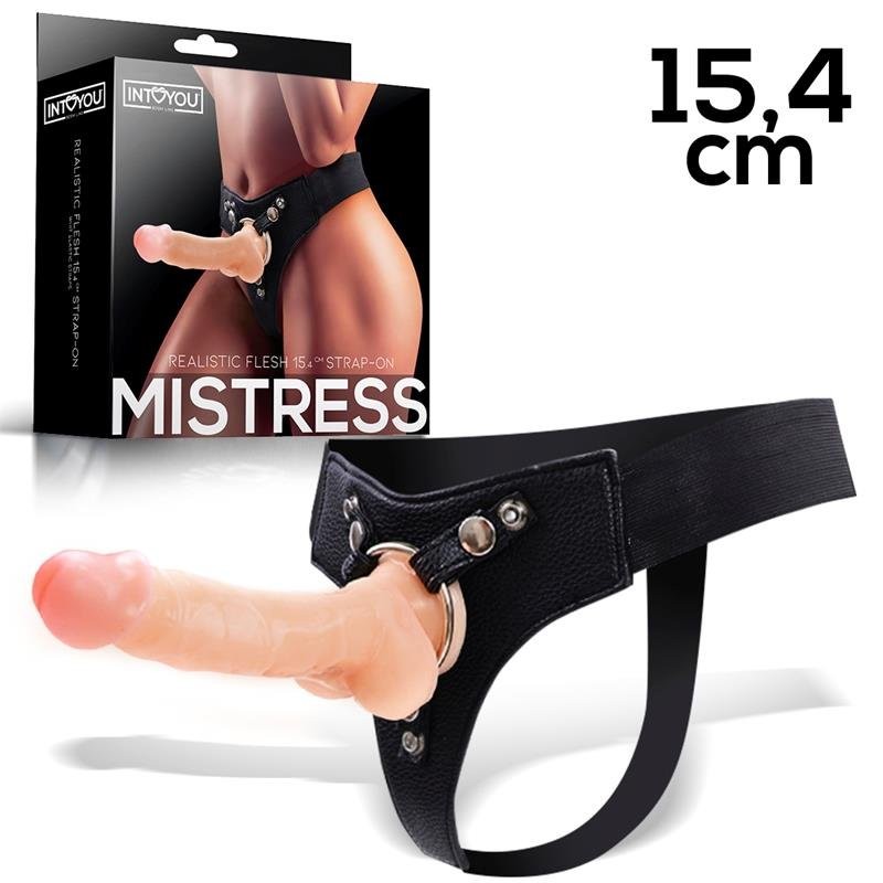 Harnais élastique avec gode-ceinture, anneau et dildo en silicone 15,4 x 3,2 cm MISTRESS peau claire
