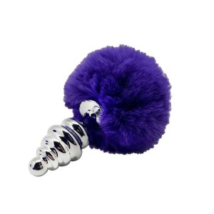 Bouchon anal en métal avec pompon violet FLUFFY TWIST S 7 x 2,8 cm argenté