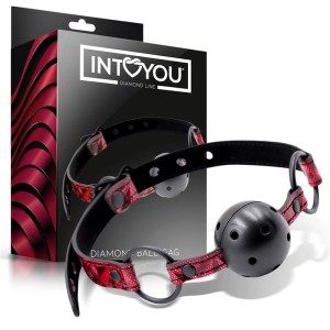 Boule bâillon en cuir végétalien réglable avec boule perforée, ligne de diamants rouge