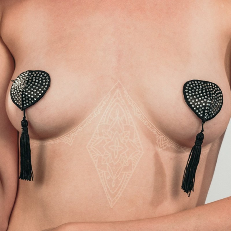 Copricapezzoli Adesivi a Forma di Cuore con Brillanti e Nappine EVANS Argento e Nero