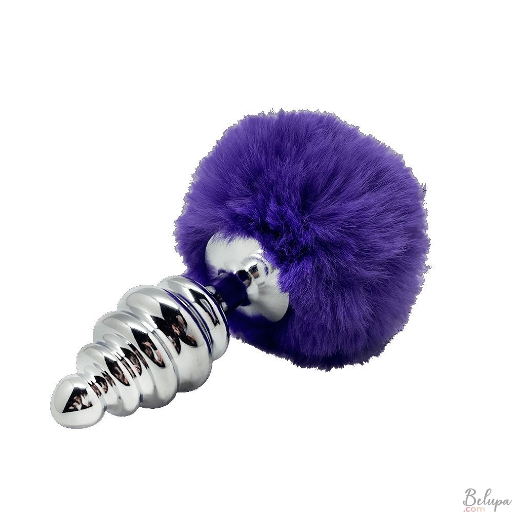Plug Anale in Metallo con Pompon Viola FLUFFY TWIST L 9 x 4 cm Argento