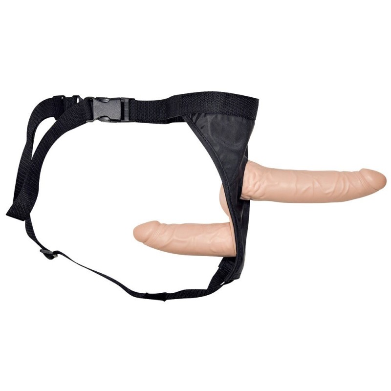 Dubbele Strap-On met verstelbaar harnas, interne dildo 13 x 3,7 cm en externe dildo 19 x 4,6 cm DUBBEL Licht Huidskleurig