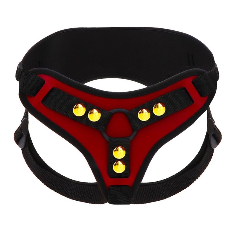 Verstelbare Vegan Leren Strap-On Harnas met Hoge Rugband en 2 Verwisselbare Ringen DELUXE Rood