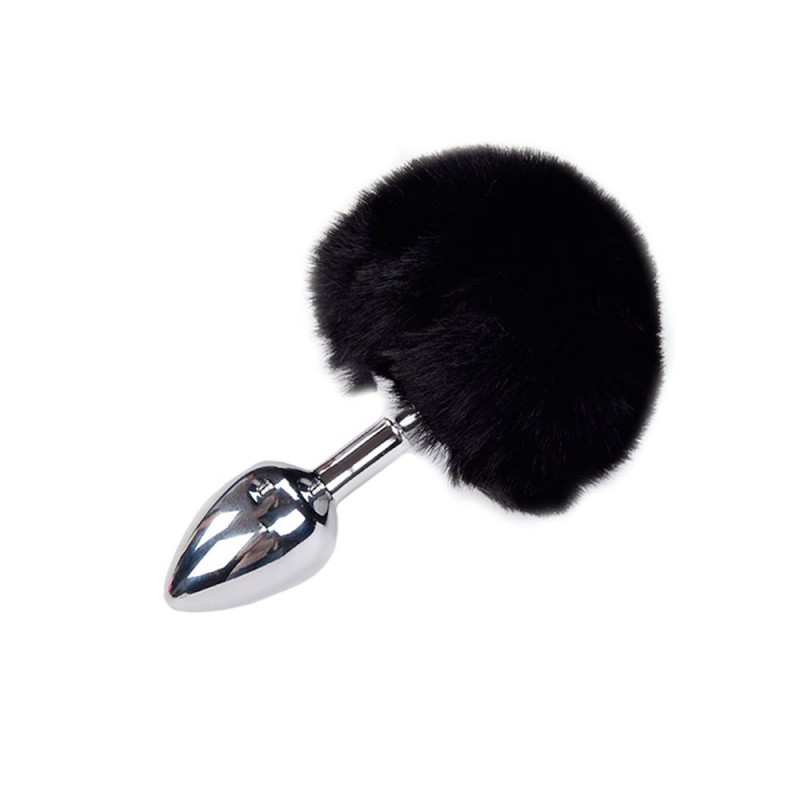 Metalen anaalplug met zwarte pluizige pompon FLUFFY S 7 x 3,2 cm Zilver