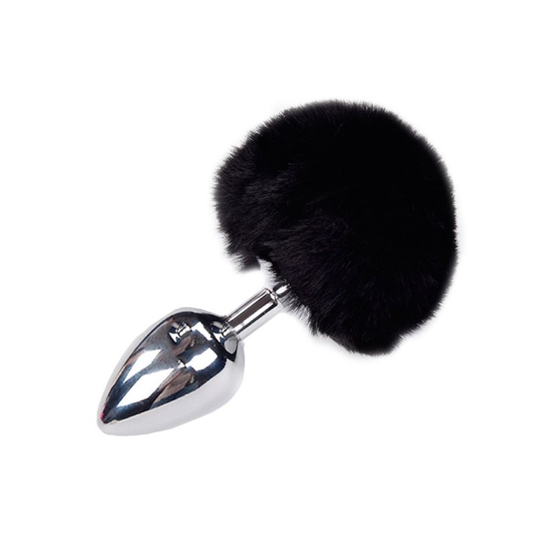 Metalen anaalplug met zwarte pluizige pompon FLUFFY L 9 x 4,1 cm Zilver