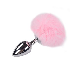 Metalen Anaalplug met Roze Pluizige Pompon FLUFFY L 9 x 4.1 cm Zilver