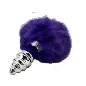 Metalen anaalplug met paarse pompon FLUFFY TWIST M 8 x 3,4 cm Zilver