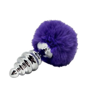 Metalen anaalplug met paarse pompon FLUFFY TWIST L 9 x 4 cm Zilver