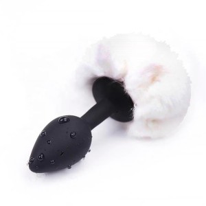 Siliconen Anaalplug met Witte Pompon Afterdark S 7 x 3 cm Zwart