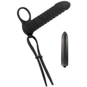 Vibrerende Strap-on voor dubbele penetratie in siliconen RORI 16,2 x 2,7 cm Zwart